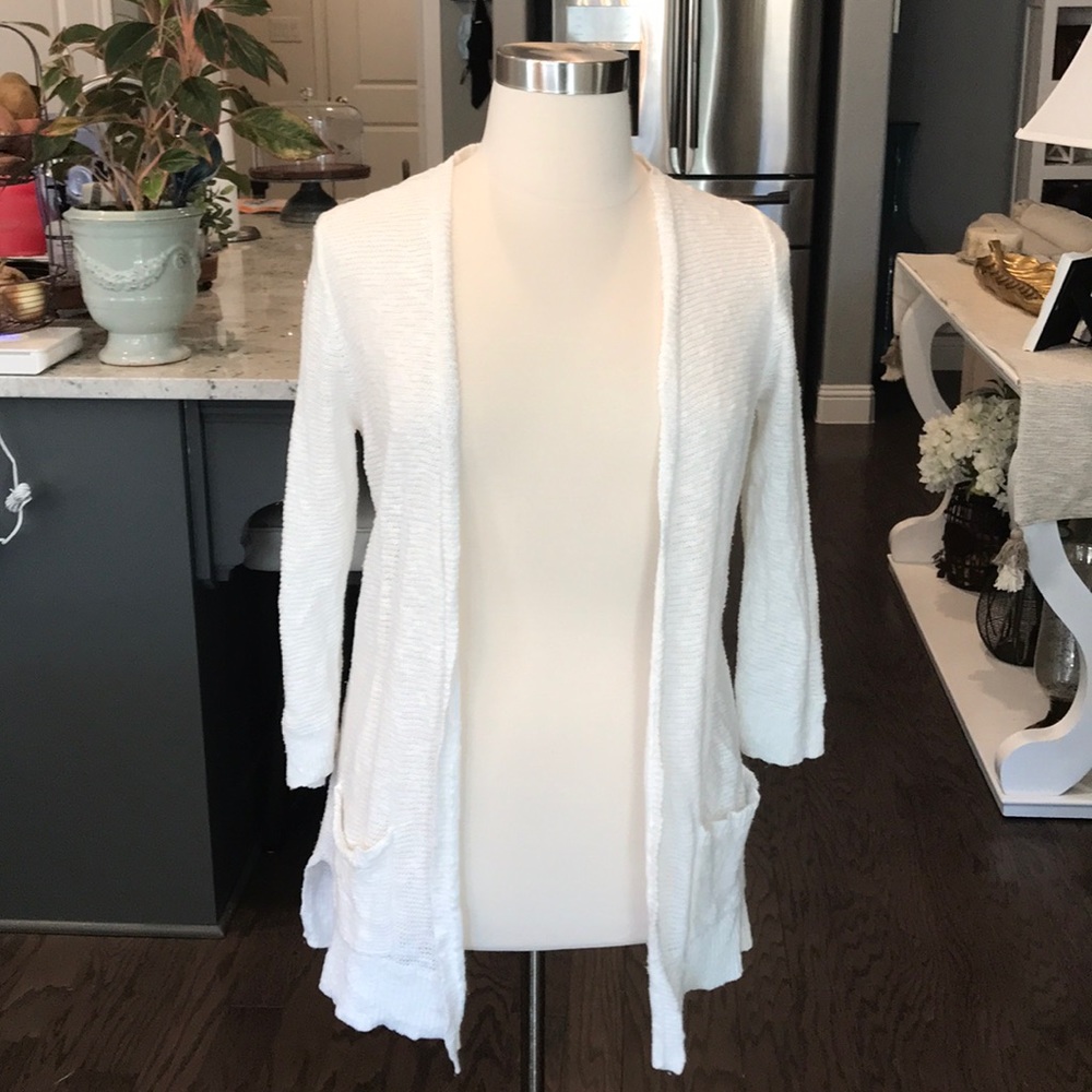 LOFT White Open Cardigan Sweater Quarter Sleeve Large